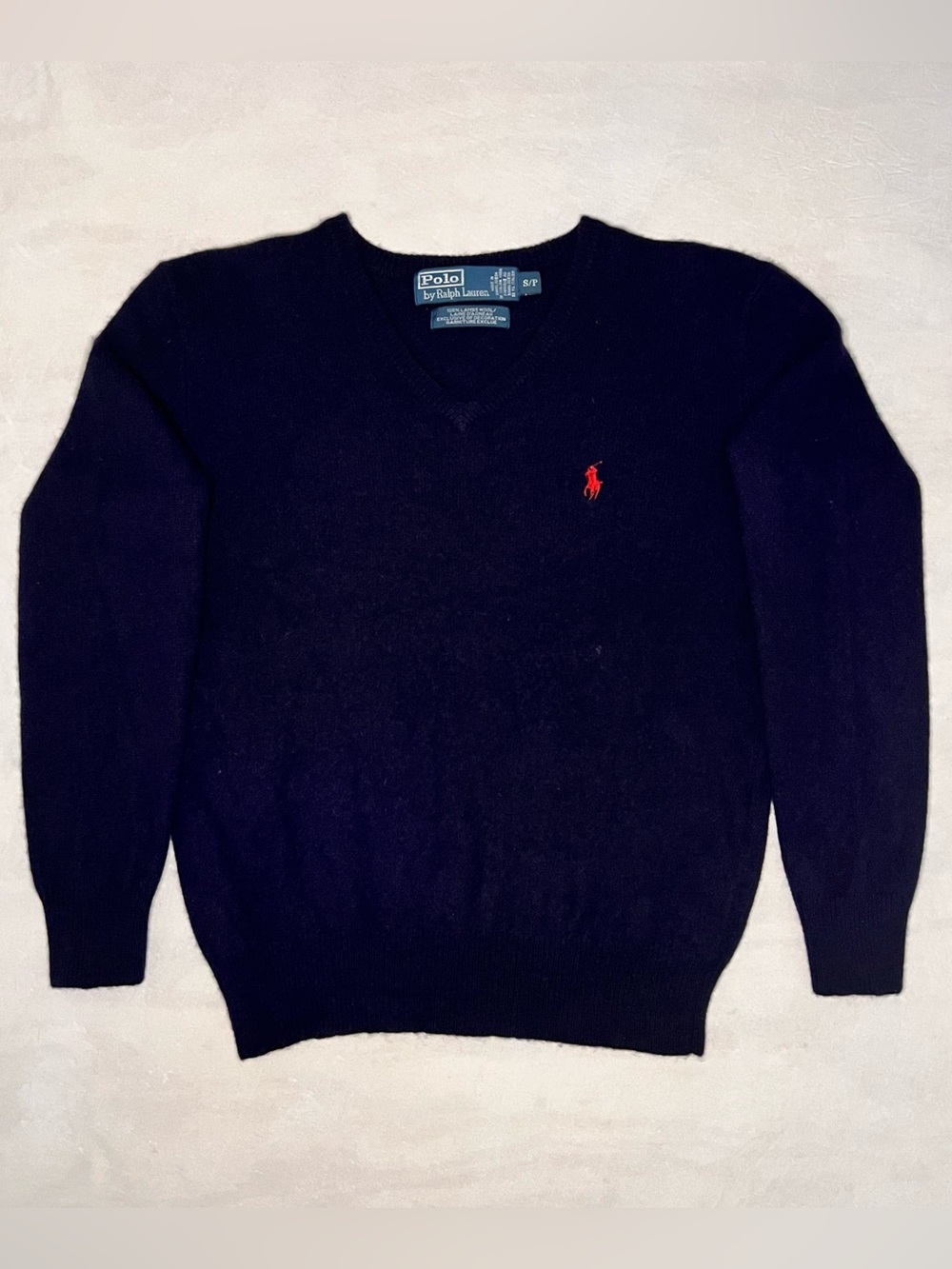 Polo Ralph Lauren Lambswool Sweater Mens Small Navy Blue V-Neck Red Pony Knit